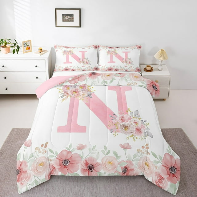 Erosebridal Ensembles de Couette à Lettres Dessin Animé Format Grand, Ensemble de Couette Format Grand à Fleurs Roses, Décoration Initiale, Réversible, Respirant, 3 Pcs