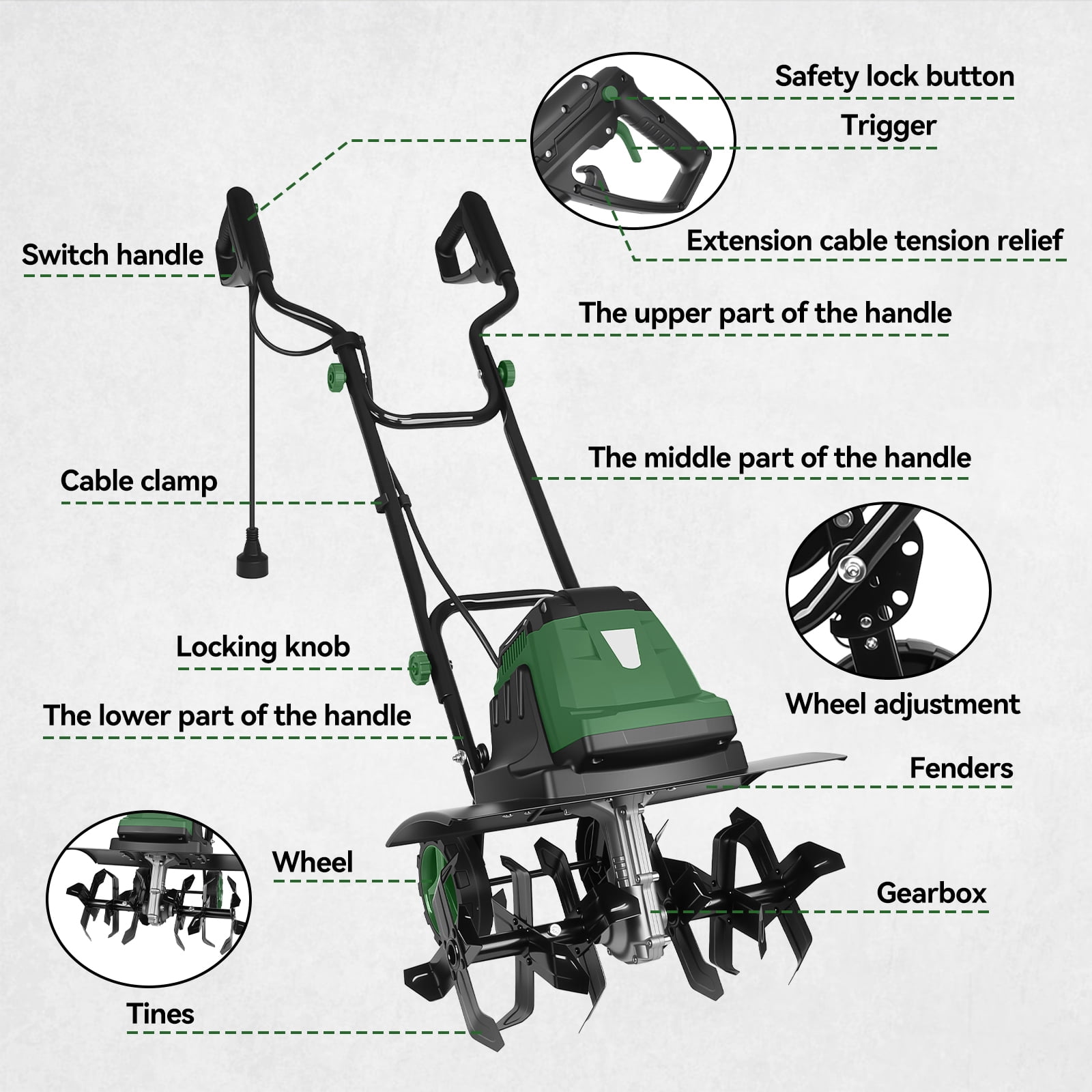 18 Inch Electric Tiller Cultivator, 15 Amp Corded Tiller with Foldable Handle, 6 Steel Tines with Wheels for Lawn, Garden and Field Soil Cultivation