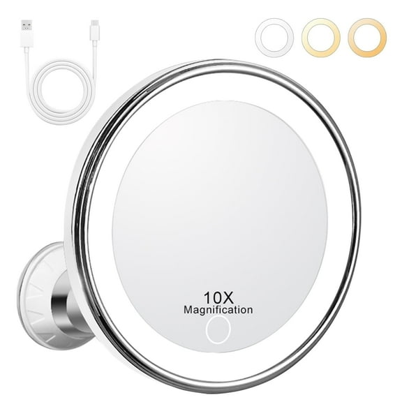 10X Magnifying Makeup Mirror with 3 Light Settings - Rechargeable Travel Mirror with Locking Suction Cup & 3 Colors, Gift for Women