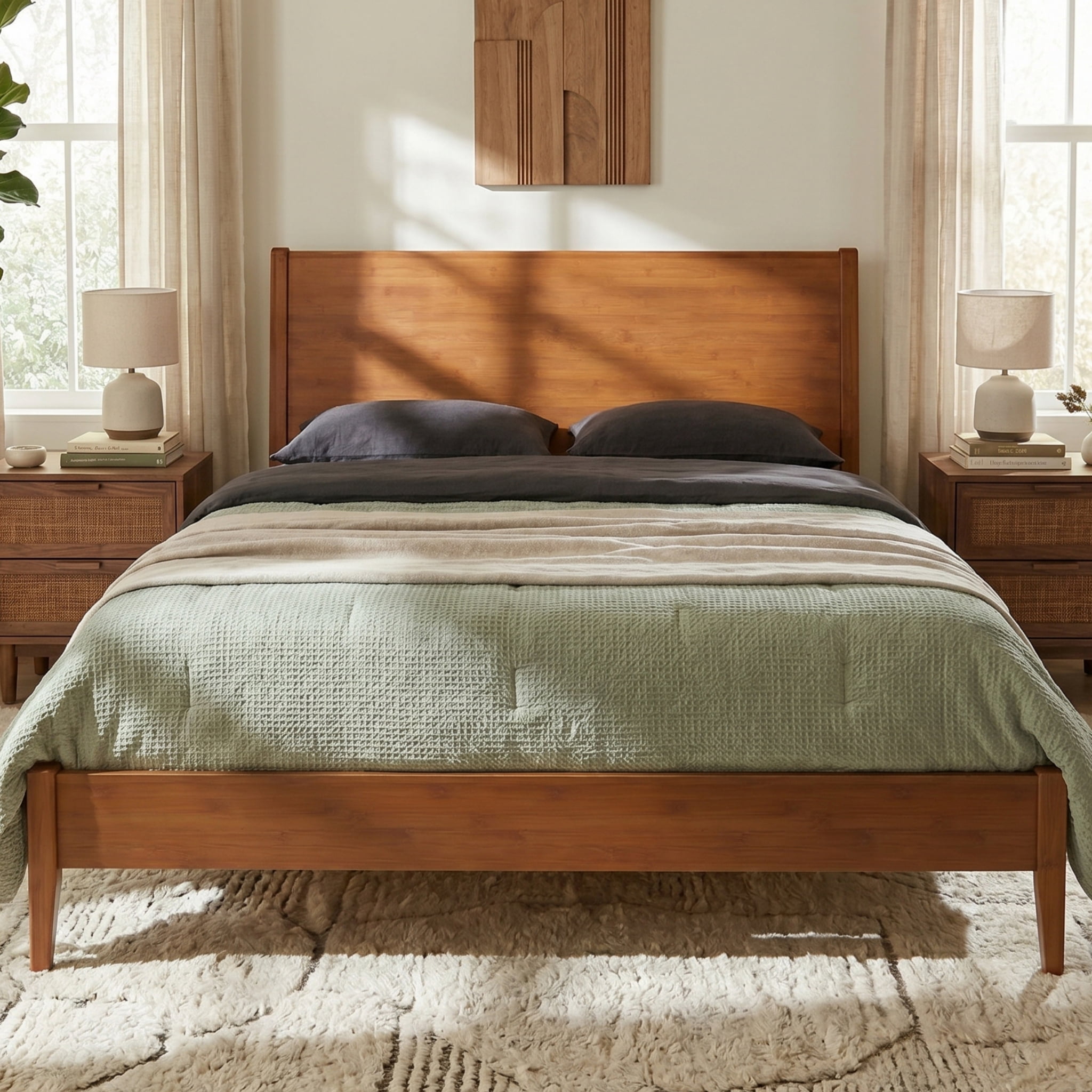 Euroco Bamboo Wood Platform Bed, Mid-Century Queen Size Bed, Walnut