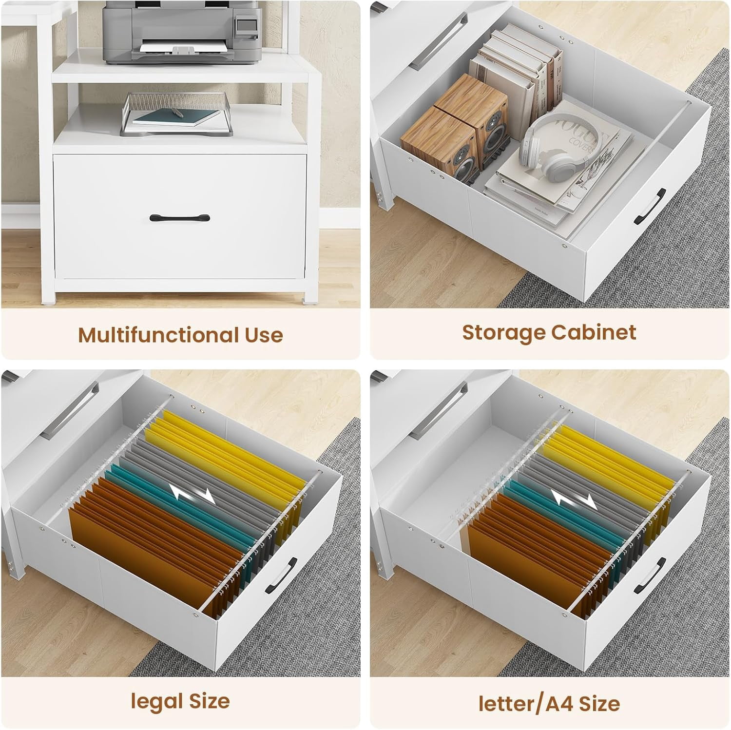 SEDETA White Computer Desk with 5 Drawer & Power Outlet & Monitor Shelf, Home Office Desk with File Drawer, Storage Shelves and Printer Cabinet, Gaming Desk with Led Lights
