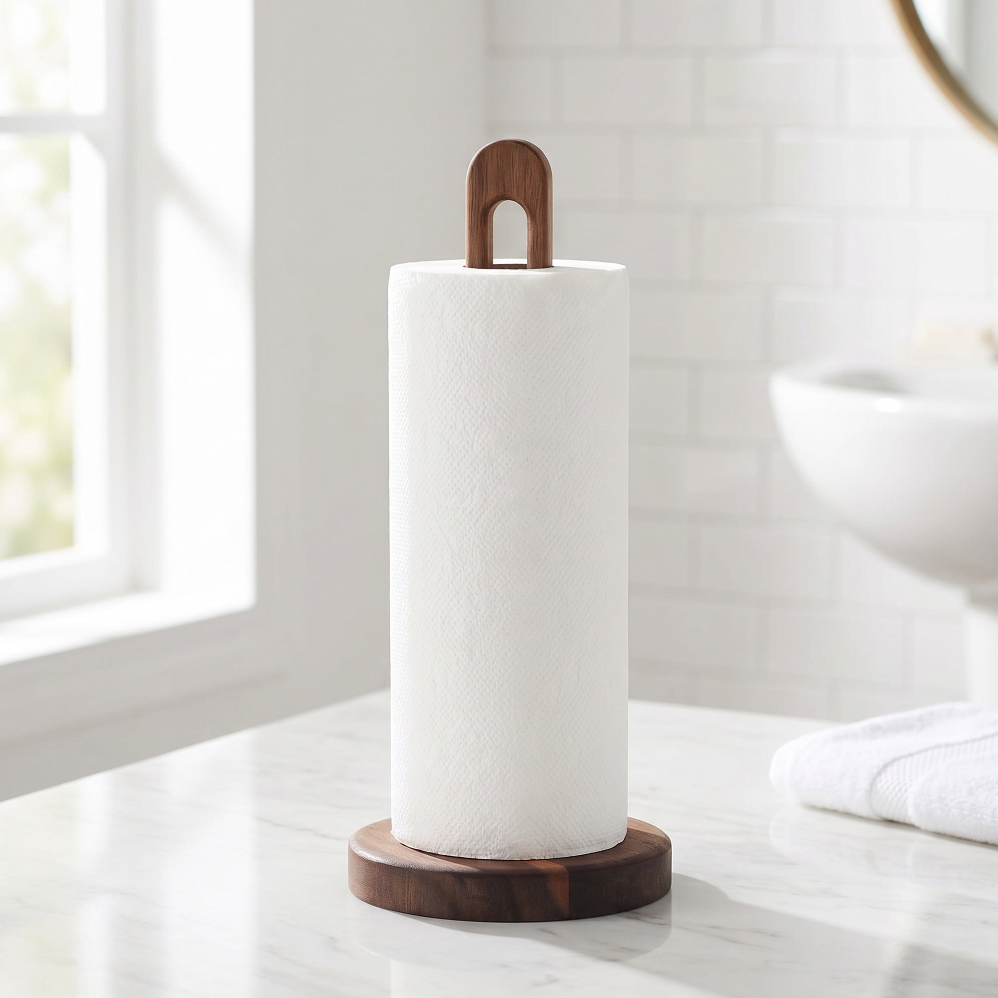 Unique Bargains Paper Towel Holder Countertop Modern Base Wood Dark brown 11.4x5.1inch