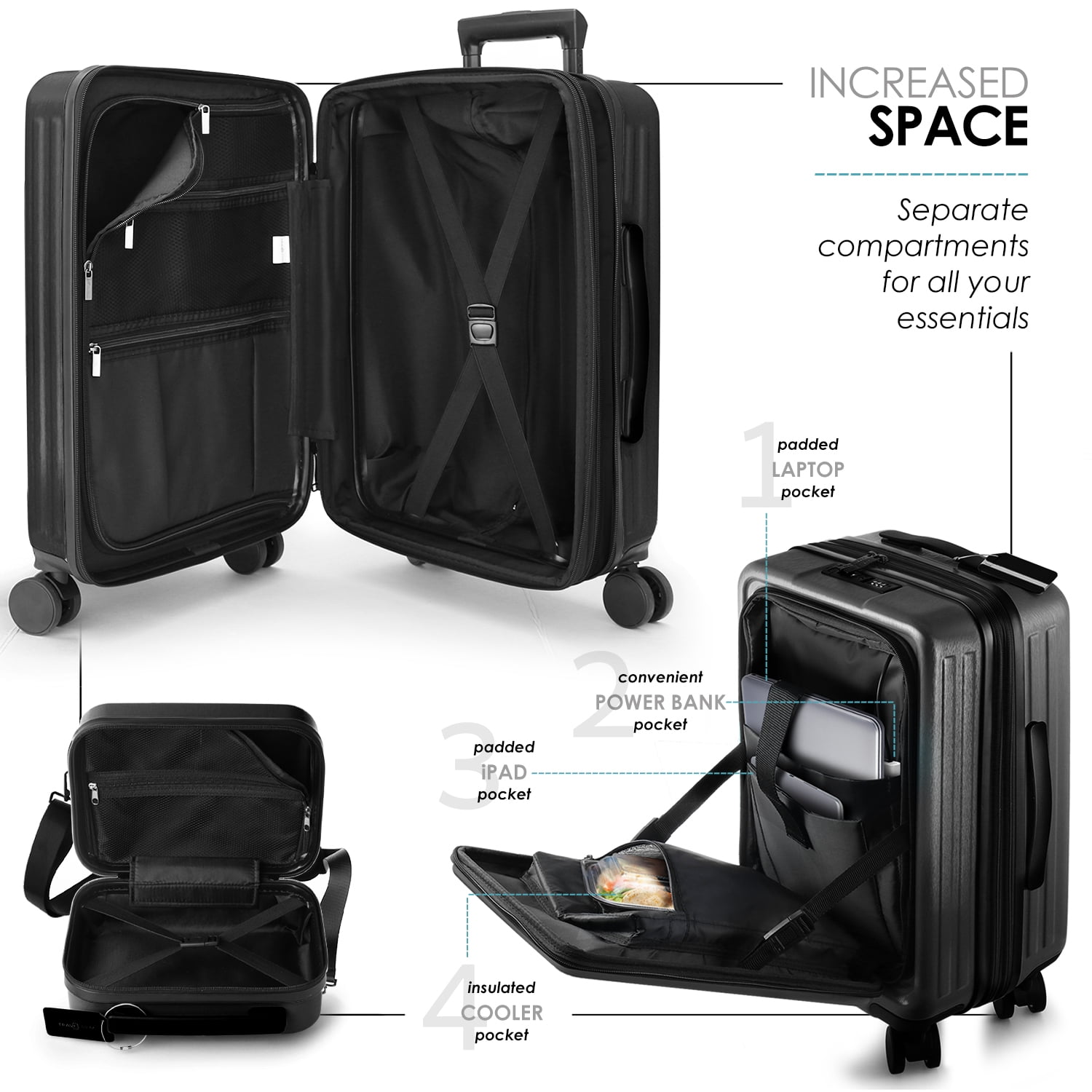 StorageBud 22" Hardside Carry On Luggage 22x14x9 Airline Approved and Expandable Luggage, Front Pocket Luggage Set Spinner Suitcase Set,  Black