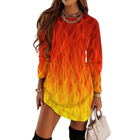 Red Orange Yellow Burning Flames And Fire Loose Dress Evening Dress Summer Dresses for Women Luxury Dress Long Sleeved Dress