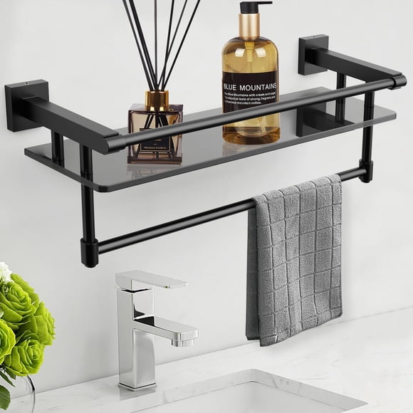 Estante de cristal para baño SFGSOWOR de 50 cm con toallero negro mate