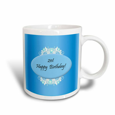 3dRose Blue 21st Birthday, Ceramic Mug, 15-ounce