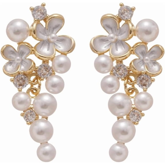 Delicate CZ Flower Drop Dangle Stud Earrings for Women Gold-Toned 925 Sterling Silver Post Pin Crystal Shell Pearl Tassel Dangling Studs Earring Dainty Flowers Jewelry for Wedding Party