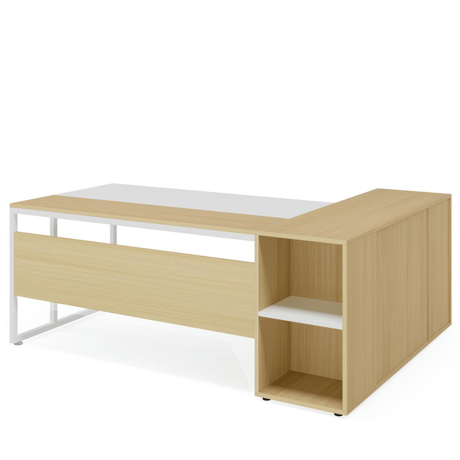 Demi Bonn Modern L Shaped Gaming Desk, 71" Executive Desk with Shelves and Lateral File Cabinet for Home Office, White