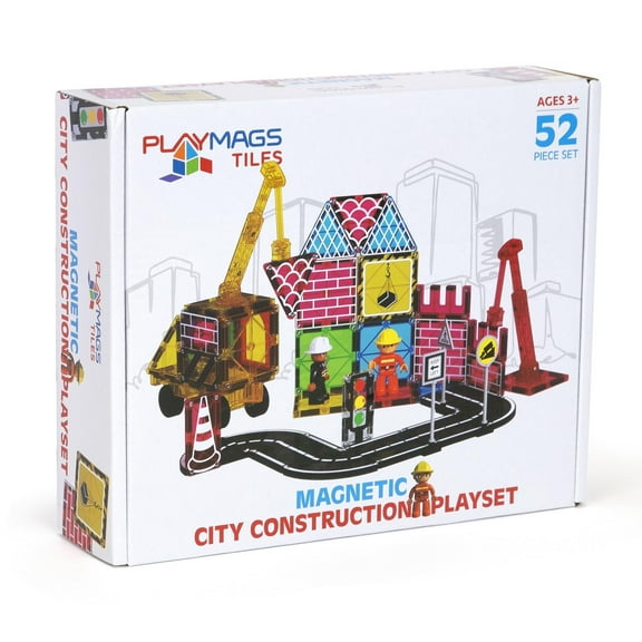 Playmags 52-Piece City Construction Magnetic Tiles Set, Building Blocks with Crane & Road Pieces, Educational STEM Toys for Boys & Girls Ages 3 