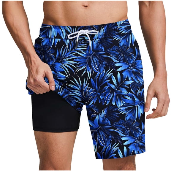 USNSM Men's Swim Trunks with Compression Liner 7 Inch Inseam Board Shorts 2 in 1 Quick-Dry Bathing Suits Print Pants Beach Shorts Blue L