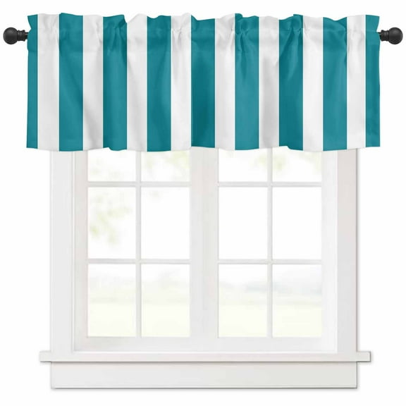 Turquoise Striped Curtain Valance for Windows/Kitchen/Living Room/Bedroom, Geometric Vertical Stripes Modern Rod Pocket Window Treatment Short Drape Topper Small Tier Cafe Curtains Panel 54X18