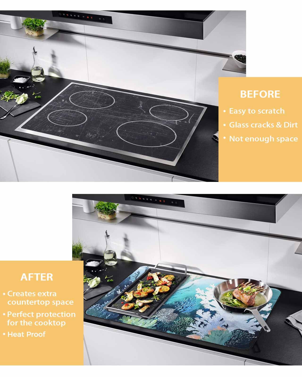 nqOlkjepod Large Induction Cooktop Protector Mat 36"x21", Coastal Ocean Stove Top Covers for Electric Stove, Summer Vintage Colorful Coral Decorative Stove Burner Cover Mats, Glass Top Stove Cover