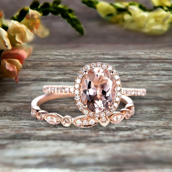 1.75 Carat Morganite Wedding Set Engagement Ring Oval Shaped Art Deco Bridal Ring On 10k Rose Gold