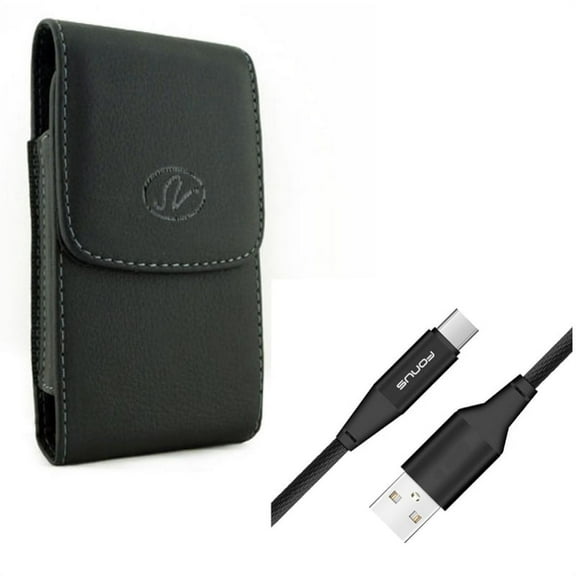 Black Leather Side Case Cover Pouch Holder w Durable Cotton Braided 6ft Long Type-C USB Cable Sync Wire D6R for LG V35 ThinQ, Stylo 4 Plus - Motorola Moto Z4 Z3 Play Z2 Play Z Play Droid