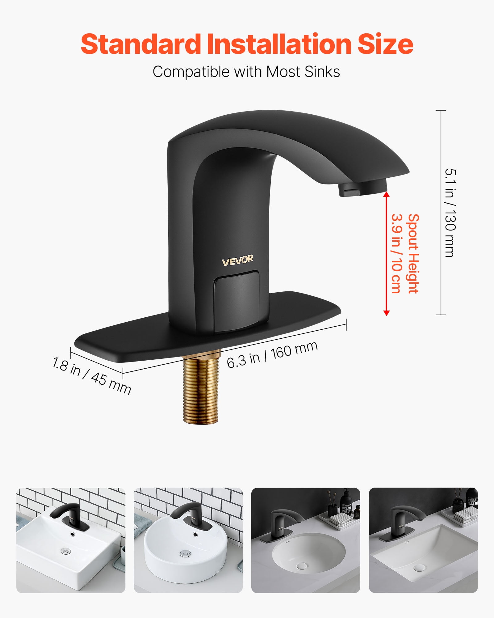 VEVOR Touchless Bathroom Sink Faucet, Automatic Motion Sensor Restroom Toilet Faucet with Hole Cover Plate, Battery Operated,Adjustable Temperature for 9/16 in Pipe Commercial Lavatory,Matte Black