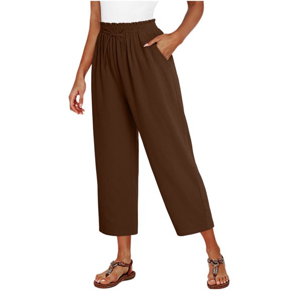 Stamzod Womens Capri Pants Summer Ruffle High Waisted Capris Cotton Linen Straight Leg Crop Pants with Pockets Coffee B M