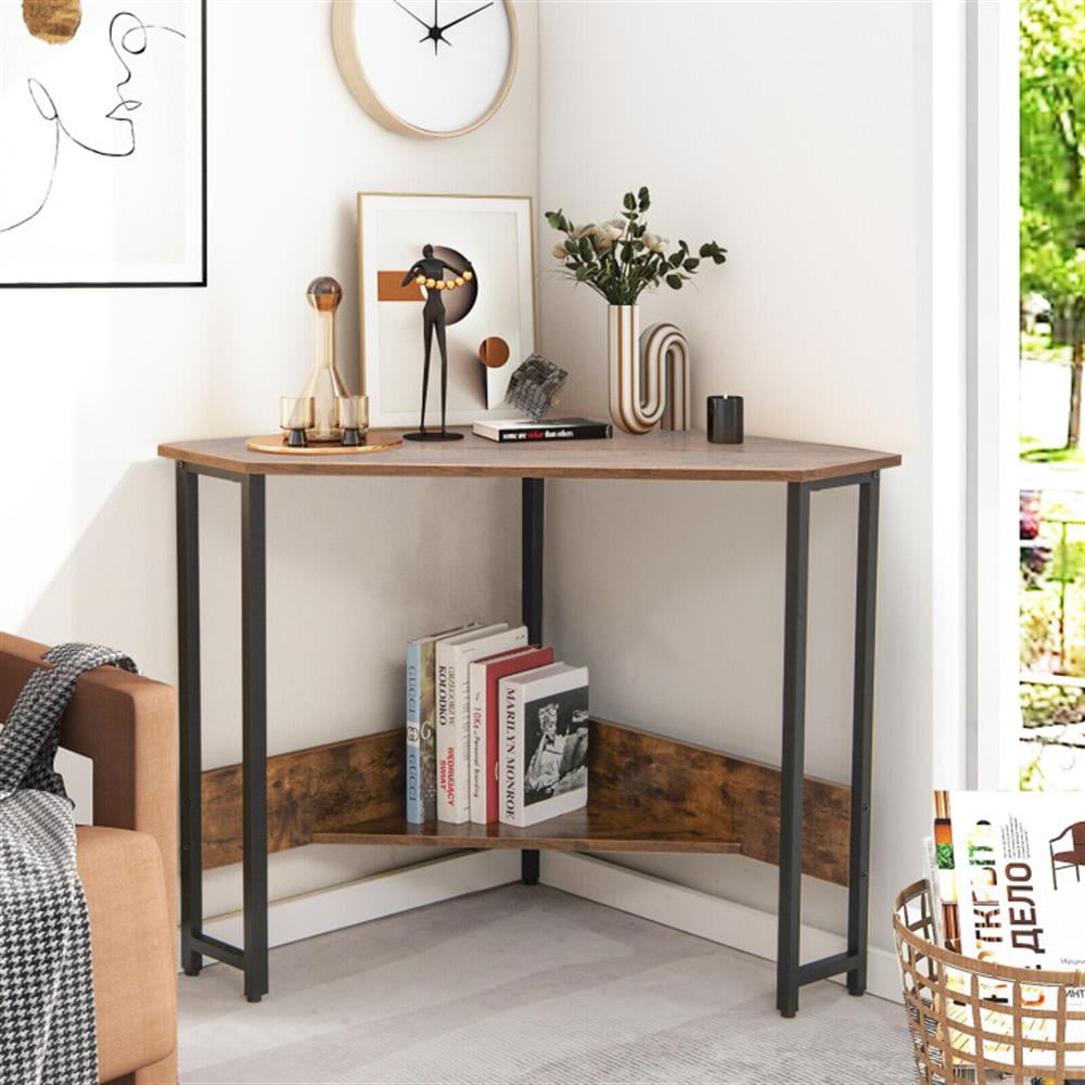 Demi Bonn Triangle Computer Corner Desk with Charging Station, Small Home Office Desk Study Writing Table, Brown