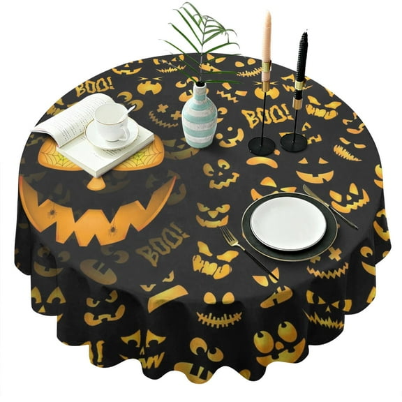 Ghost Pattern Round Tablecloth 60 Inch - Halloween Waterproof Washable Cute Spooky Pumpkin Design