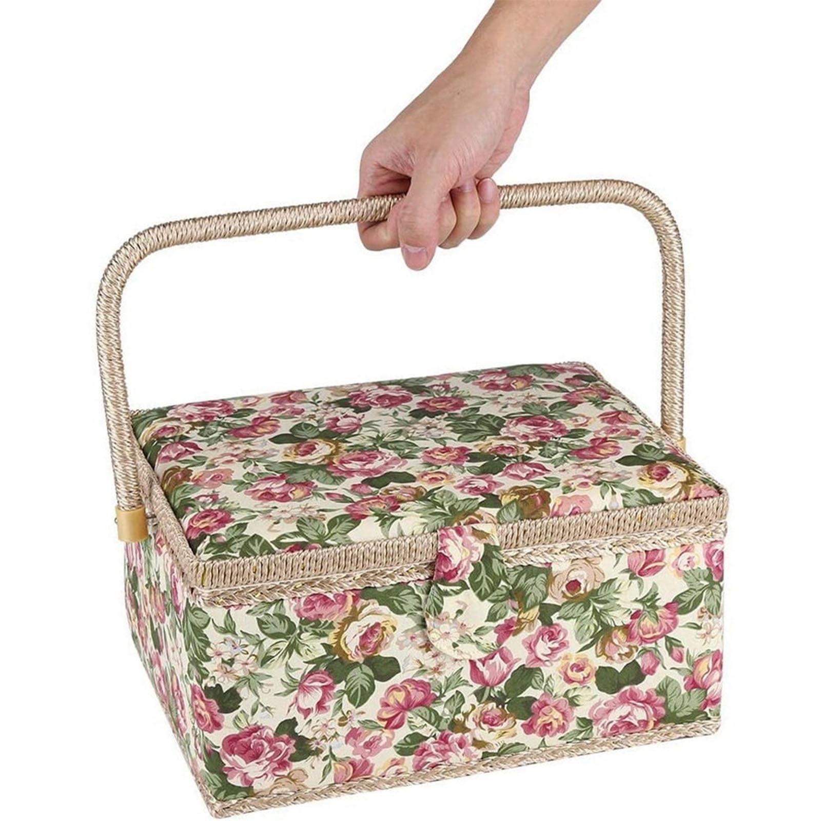 Gnwei Large Vintage Sewing Basket, Sewing Basket with Rose Floral Print Design- Sewing Kit Storage Box with Removable Tray, Built-In Pin Cushion and Interior Pocket - 7.5" x 5.1" x 3.9"