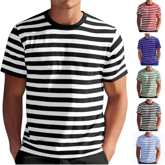 HAJWOH Mens Short Sleeve T-Shirts Striped Casual Crewneck Basic Shirt Color Block Stretch Beach Tees