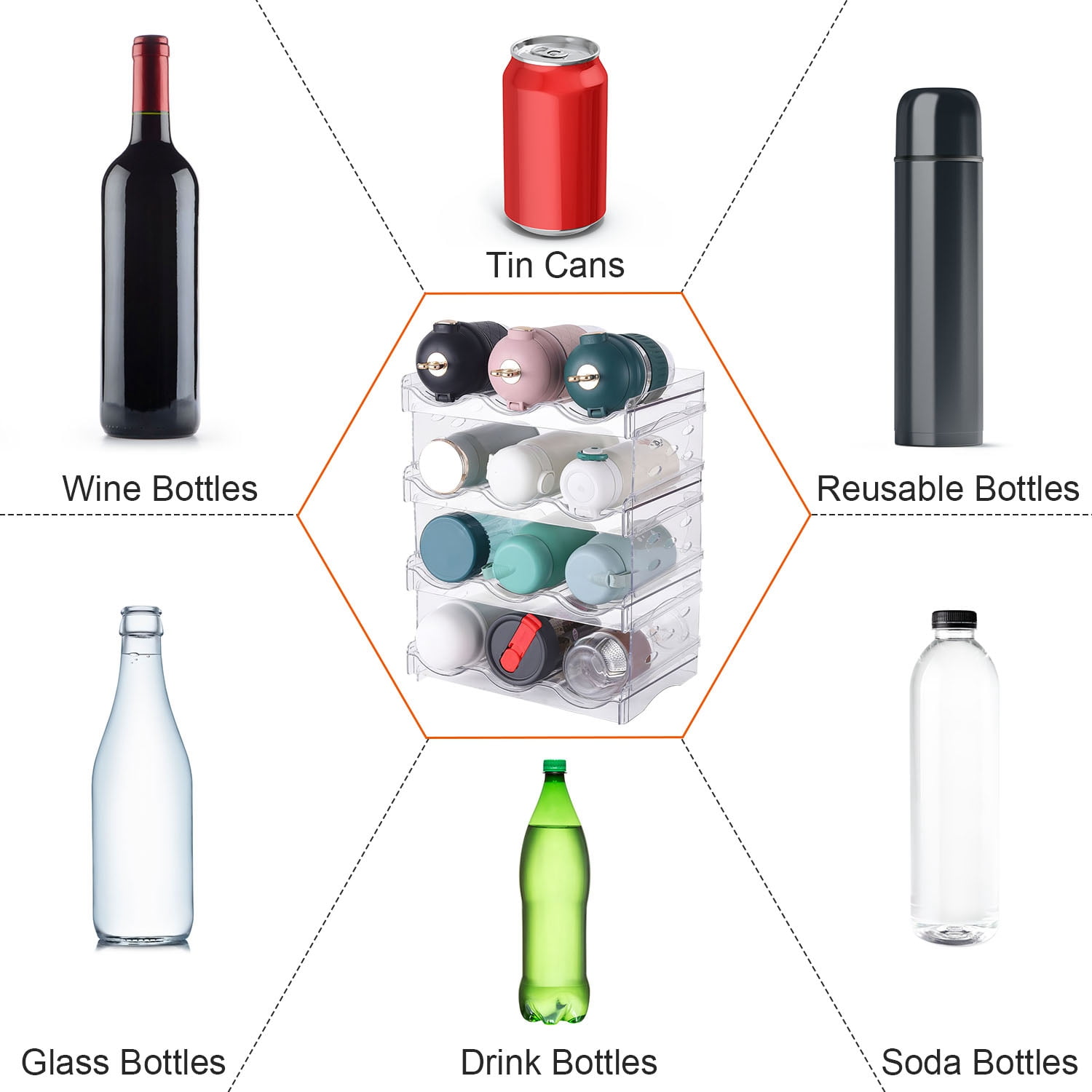 12 Bottle Plastic Bottle Storage Holder,  Free-Standing Water Bottle/Wine and Drink Organizer Shelf for Kitchen Cabinet, Fridge, Countertop, Pantry, Freezer, Clear
