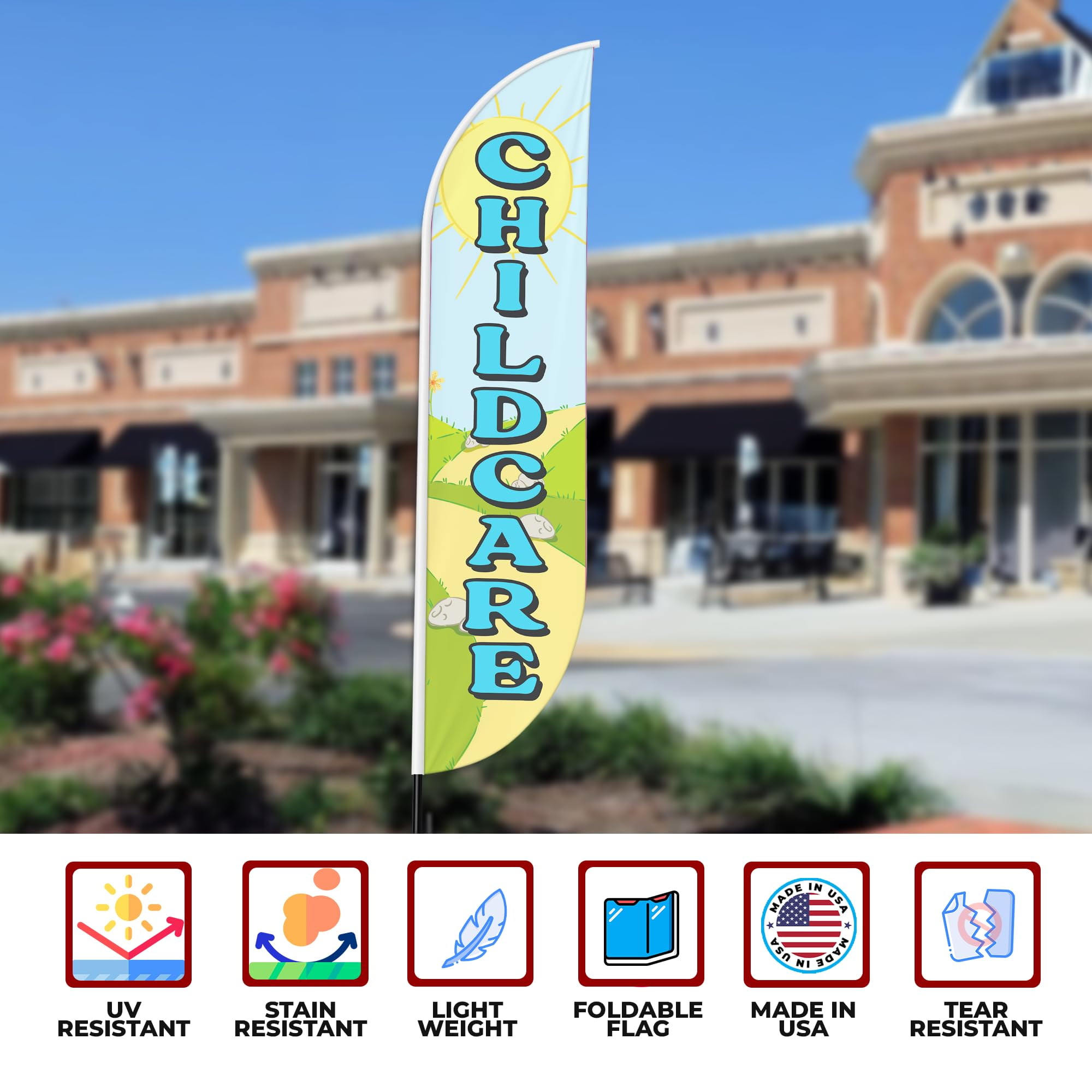 Child Care Sign feather flag Pole Mount for Outdoor by Mavis Print | 15 FEET Long Outdoor Banner Flag Mount for Easy Hang | HD Print Swooper Flag Stand forChild Care Advertising | Made in USA