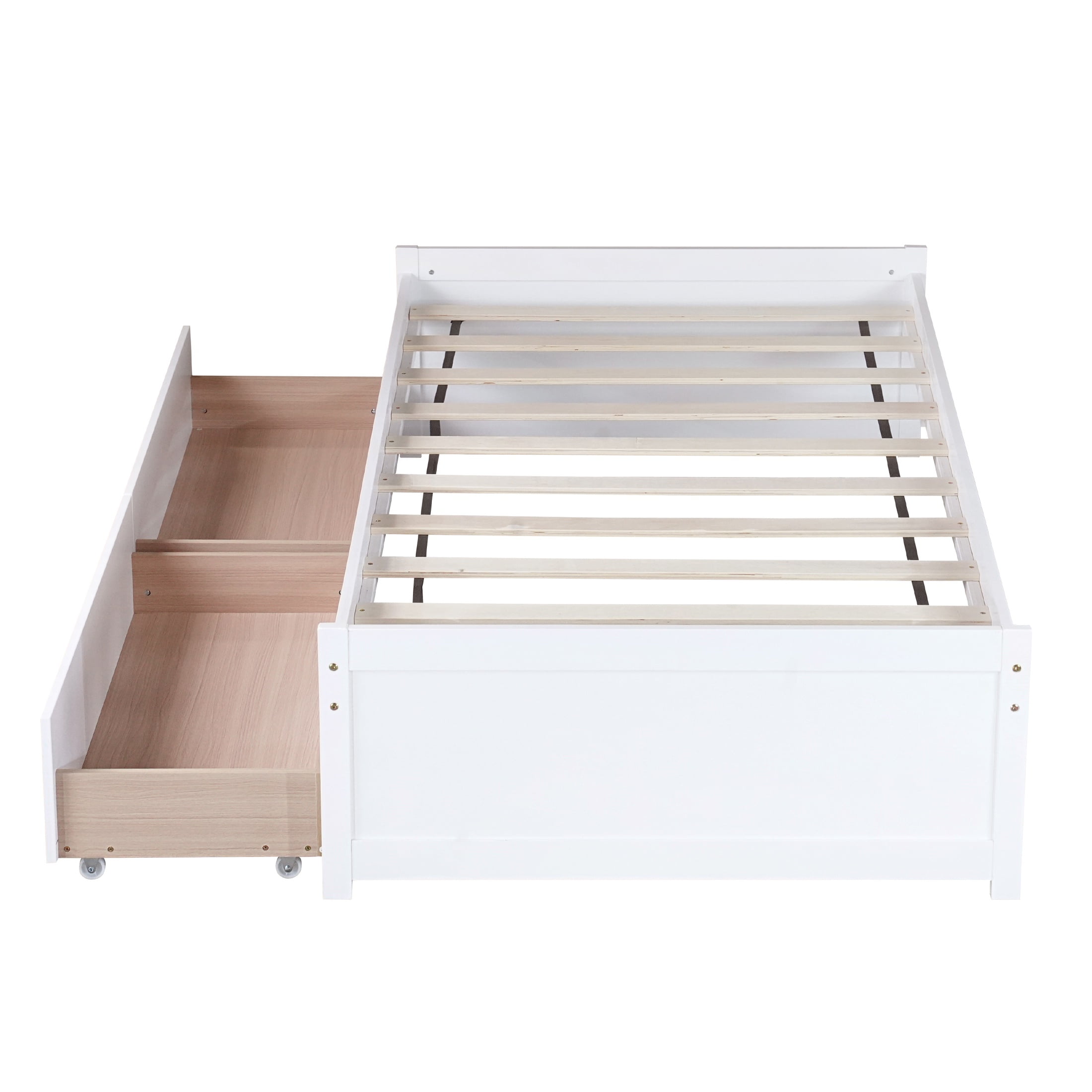 PORKISS Twin Bed Frame, Solid Wood Platform Bed with 2 Drawers, Pine Wood Bed for Kids Teens Adults, No Box Spring Needed, White