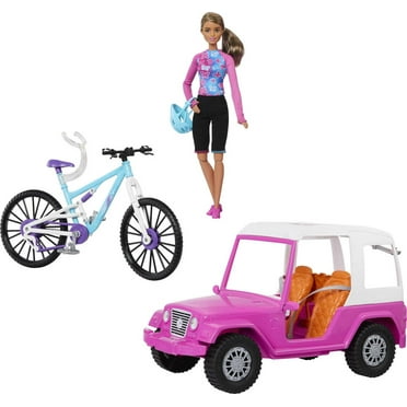 Barbie Doll, Mountain Bike, Barbie Car Bundle with Pink Jeep, Bike Rack and Helmet
