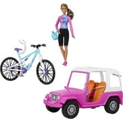Barbie Doll, Mountain Bike, Barbie Car Bundle with Pink Jeep, Bike Rack and Helmet