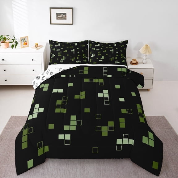 jejeloiu Pixel Geometric Full Size Comforter Sets,Building Block Games Bedding Comforter Set,Construction Games Bedding Sets For Child,Breathable Bedroom Decorative Reversible,3-Piece