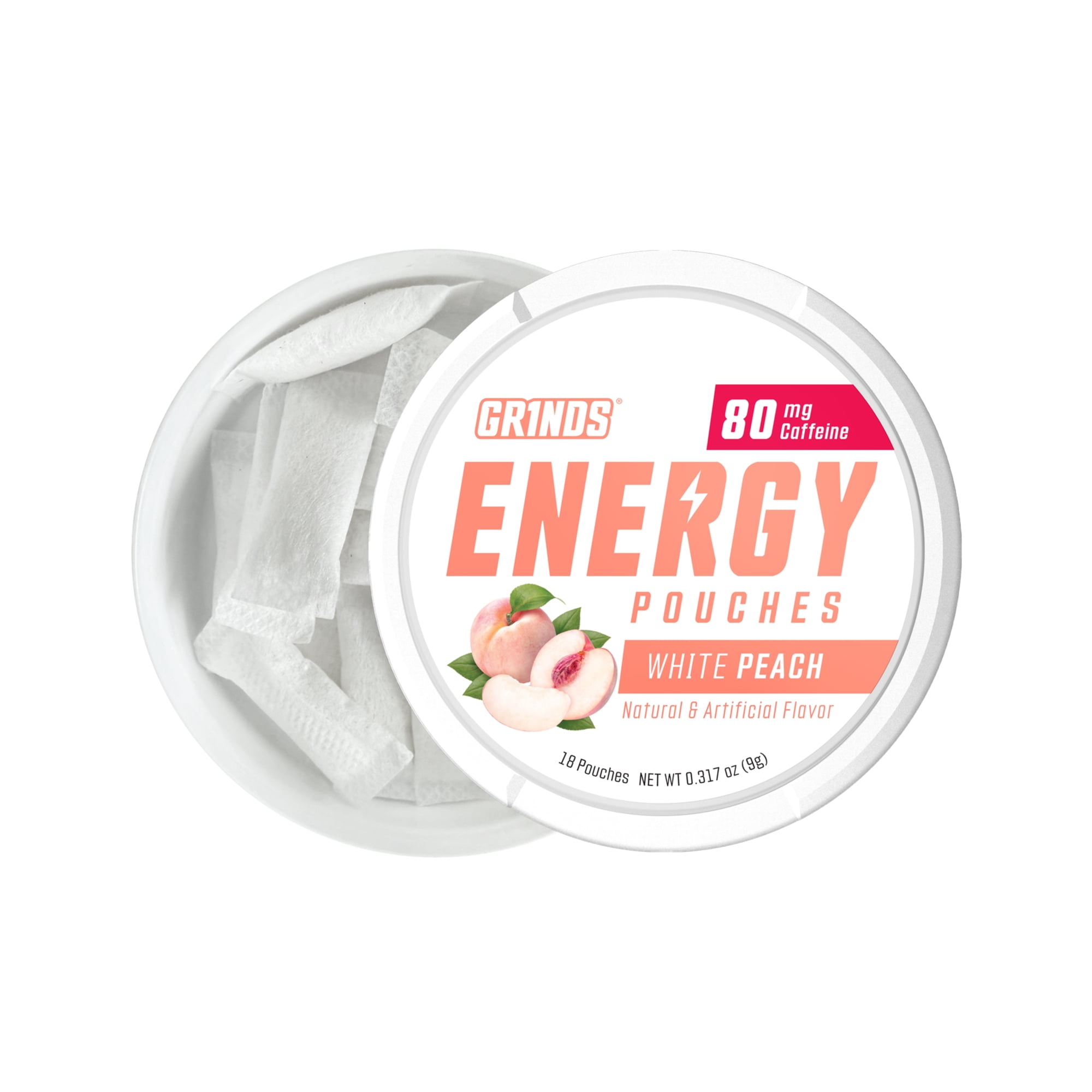 Grinds Energy Pouches, Nicotine-Free, 80mg Caffeine, White Peach, 18 Pouches (1 Can)