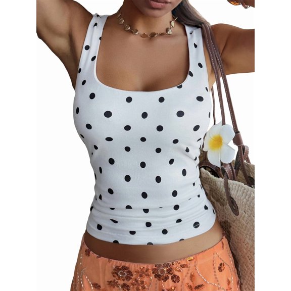 Women'S Square Neck Sleeveless Polka Dot Print Tank Tops Basic Tight T Shirts White S