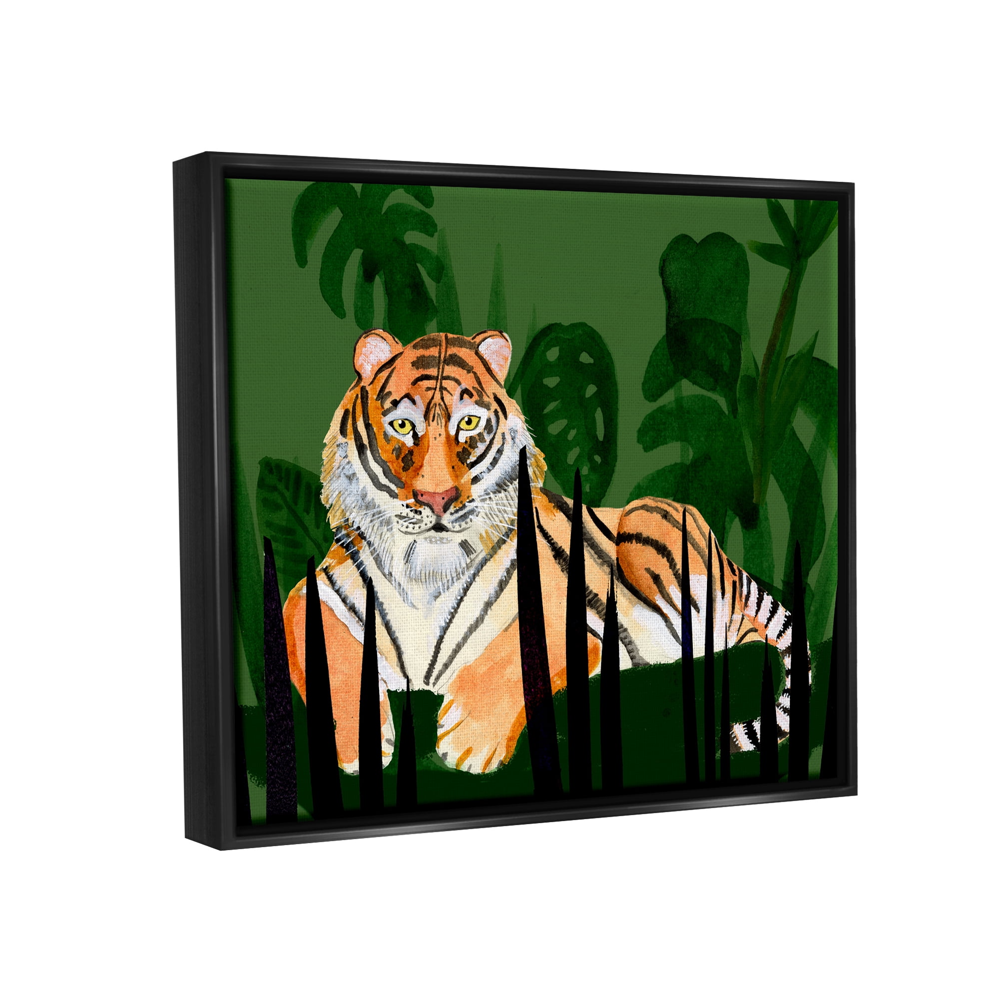 Stupell Tiger Tropical Plants Nature Animals & Insects Painting Black Floater Framed Art Print Wall Art
