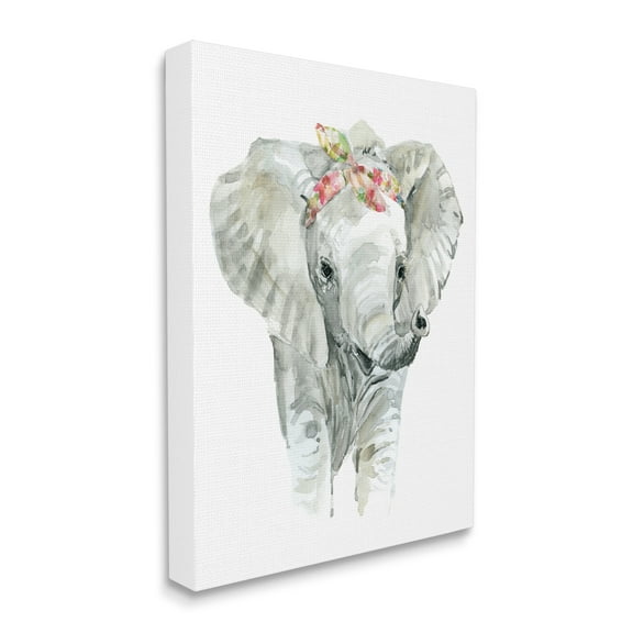 Stupell Industries Chic Baby Elephant with Floral Print Hair Tie Animals & Insects Painting Gallery Wrapped Canvas Print Wall Art, 16 x 20