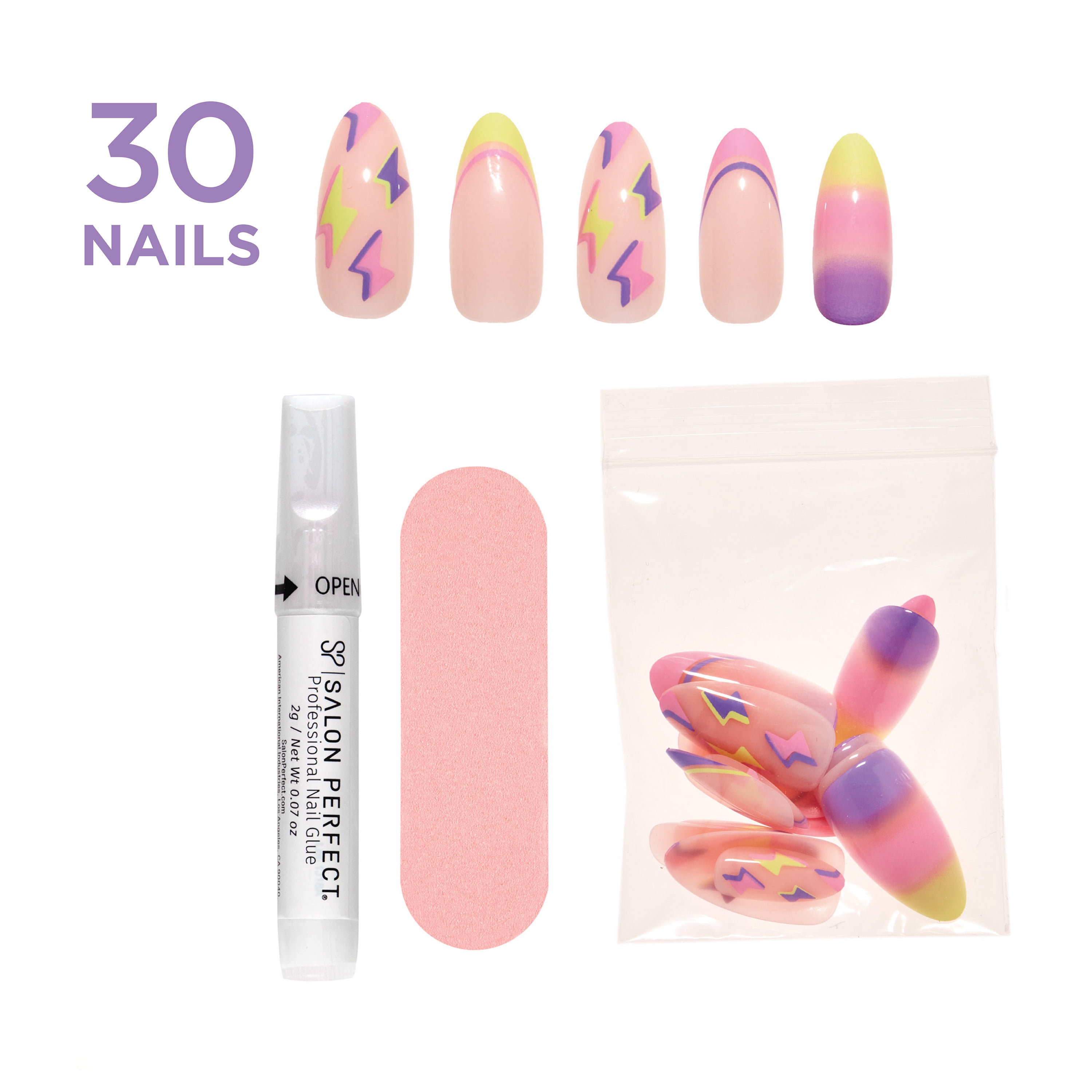 Salon Perfect Artificial Press on Nails, 211 Modern Nostalgia Neon Lightning, Medium Almond Glue On Fake Nails, File & Nail Glue Included, 30 Nails