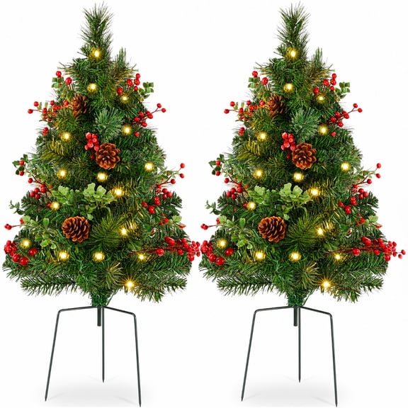 Best Choice Products Set of 2 24.5in Outdoor Pathway Christmas Trees Decor w/ LED Lights, Berries, Pine Cones, Ornaments