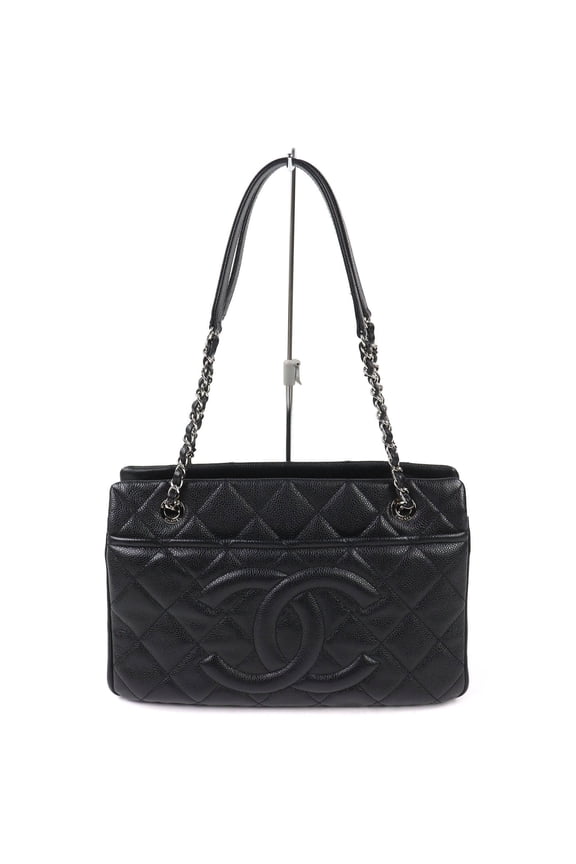 Pre-Owned CHANEL A67294 Caviar Skin Coco Mark Matelass Chain Tote Bag, Black with Silver...