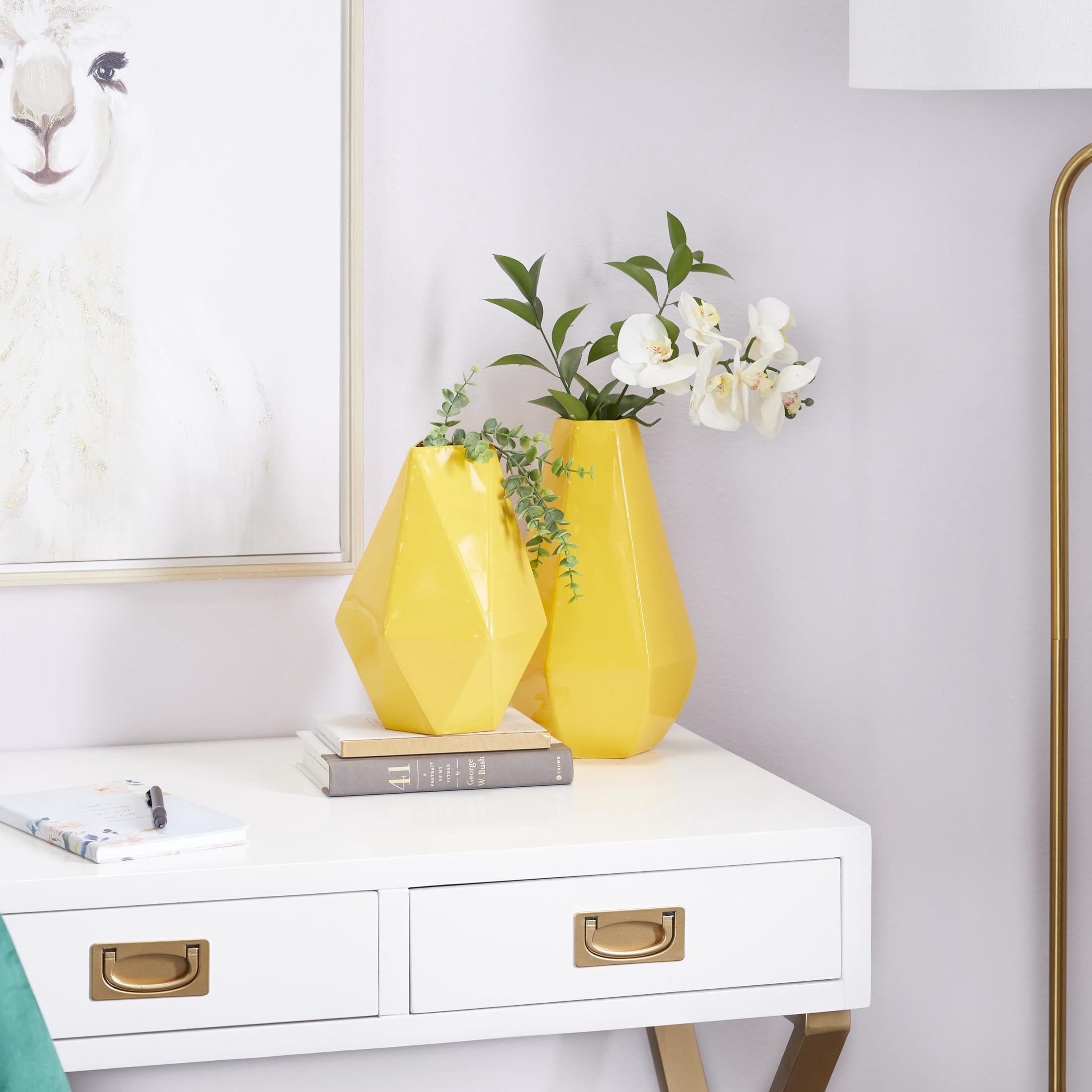 CosmoLiving by Cosmopolitan 12", 10"H Geometric Yellow Metal Vase, Set of 2