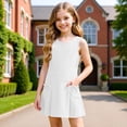 thumbnail image 5 of Arlun Girls Sleeveless Uniform Jumper Dress Cute Crew Neck Short Sleeve Knee Length School Pleated Dresses with Side Pockets Solid Color Casual Back to School Clothes 1-White 150, 5 of 7