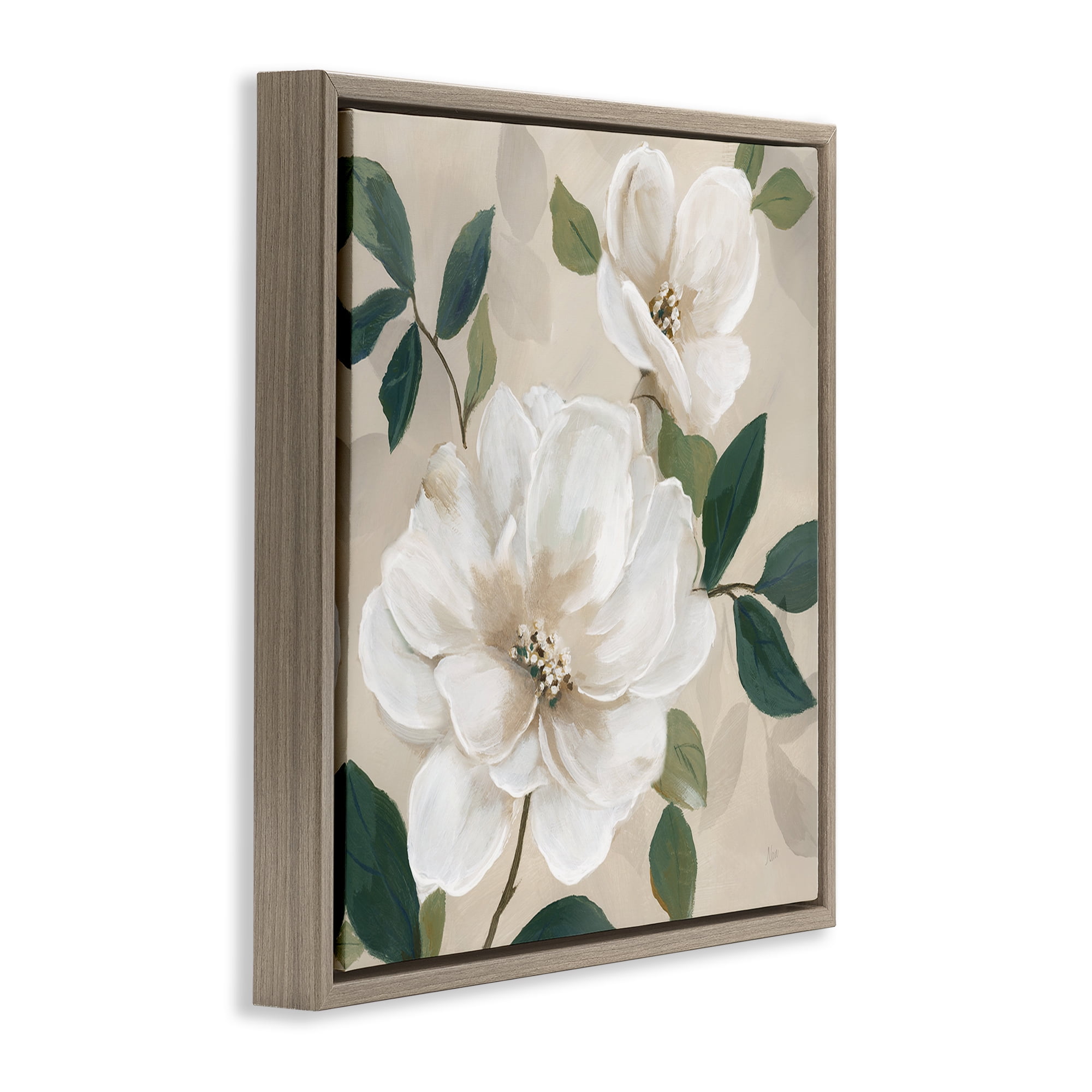 Stupell Industries Serene White Magnolia Study Brown Framed Floater Canvas Wall Art, design by Nan