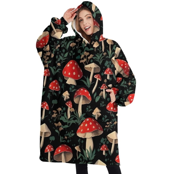 Oversized Wearable Blanket Hoodie,Red Mushroom Leaf Black Pattern Sherpa Blanket Hoodie with Super Pockets,Super Warm Fuzzy Pullover for Women & Men