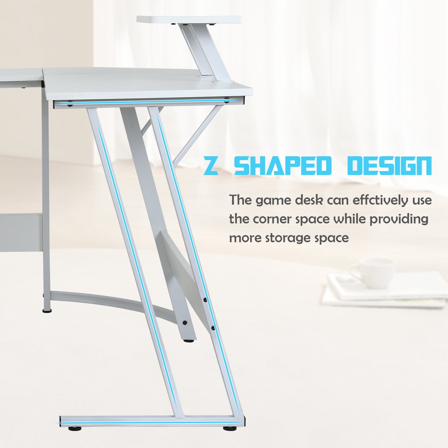 CL.HPAHKL L Shaped Gaming Desk, Corner Computer Desk with Large Desktop PC Gaming Desk Table with Large Monitor Riser Stand 50 Inch Computer Table Desk for Home Office Gaming Writing Study, White