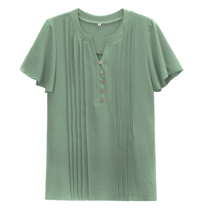 RYRJJ Womens Pleated Button Tops Ruffle Short Sleeve Henley Shirt