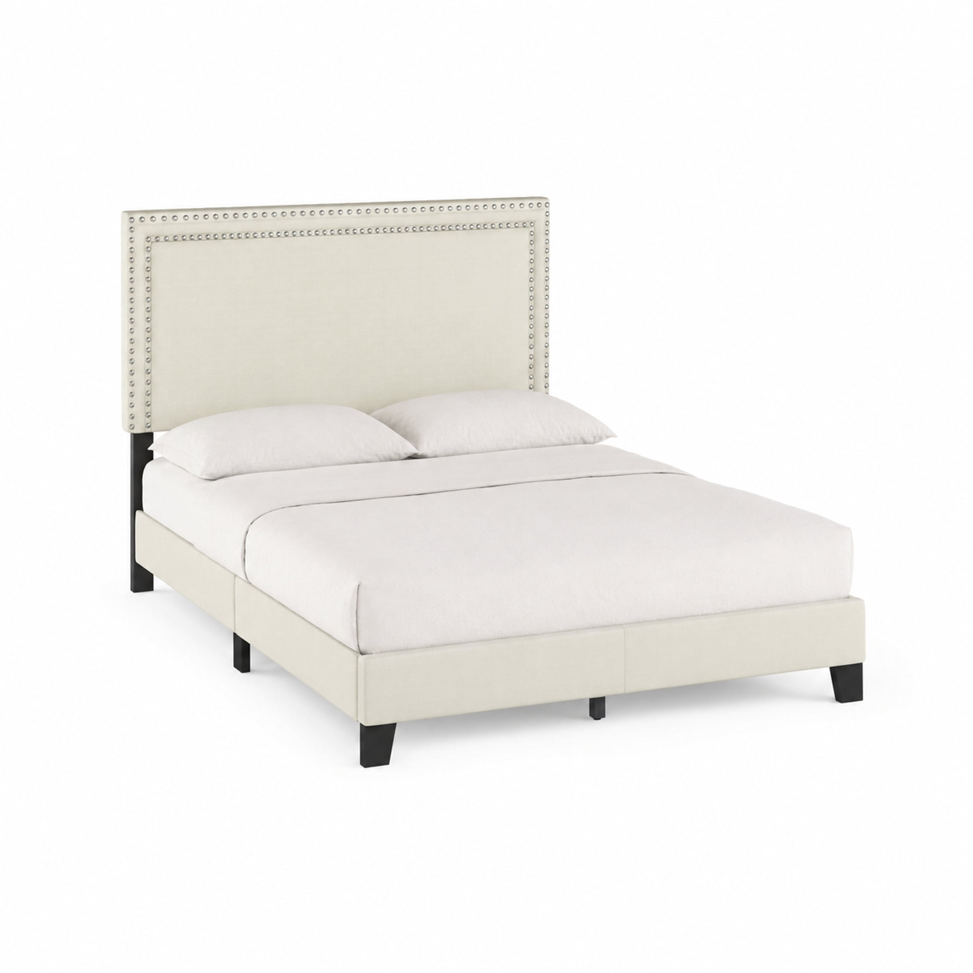 Furinno LAVAL Full Upholstered Bed Frame with Double-Row Nailhead Headboard and 12-Piece Wooden Slat Support, Light Beige