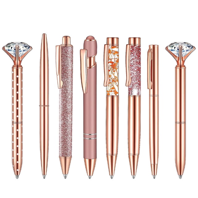 LNGOOR 8pcs/kit Rose Gold Ballpoint Pens Set With Liquid Sand And Rhinestone Decoration Black Ink Ideal For Wedding Office Home Desk
