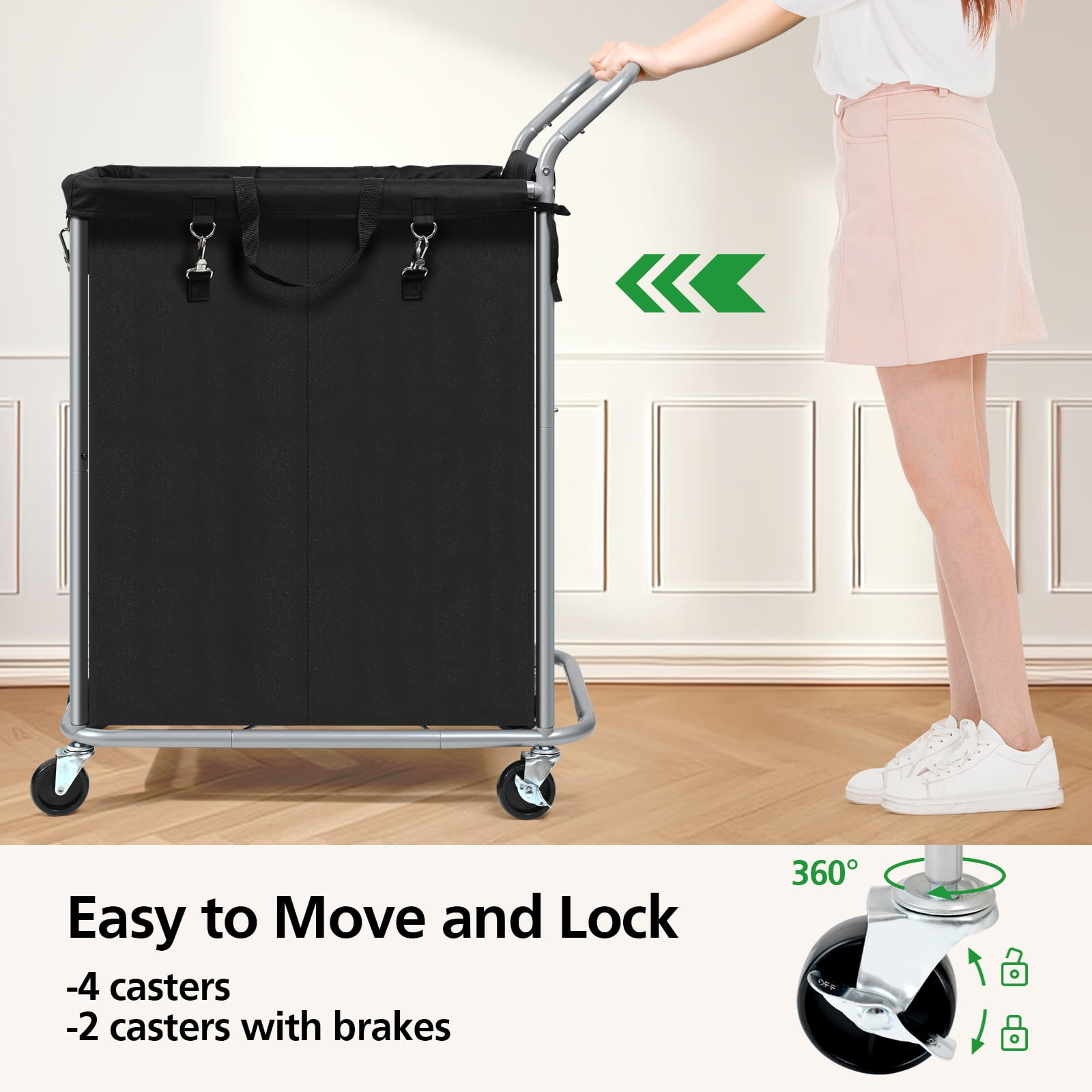 Ollieroo Laundry Hamper with Wheels,140L Rolling Laundry Hamper,2-Section Rolling Laundry Hamper with Removable Liner & Handles for Clothes Storage, Laundry Room,Black