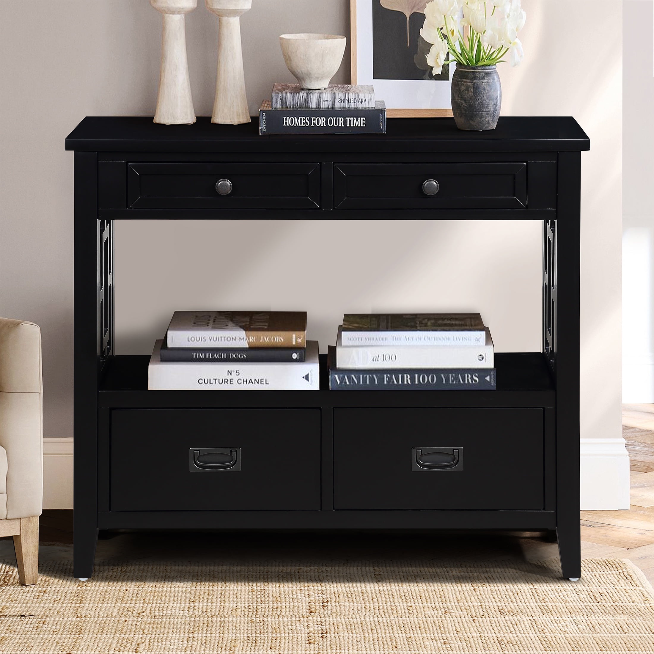 PORKISS Farmhouse Solid Wood Console Table, Entryway Table Hallway Table with 4 Drawers 1 Storage Shelf, Sofa Table for Living Room, Foyer, Black