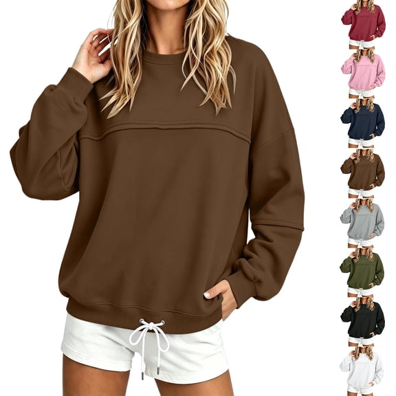 RongHuan Women's Crewneck Sweatshirt Loose Long Sleeve Drawstring Pullover Solid Color, Adjustable Hem, Relaxed Fit Sweatshirts