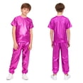 thumbnail image 3 of iiniim Girls Boys Hip Hop Jazz Dance Outfit Metallic Sparkly 2 Piece Short Sleeve T-Shirt and Shiny Pants Set Hot Pink 170, 3 of 7
