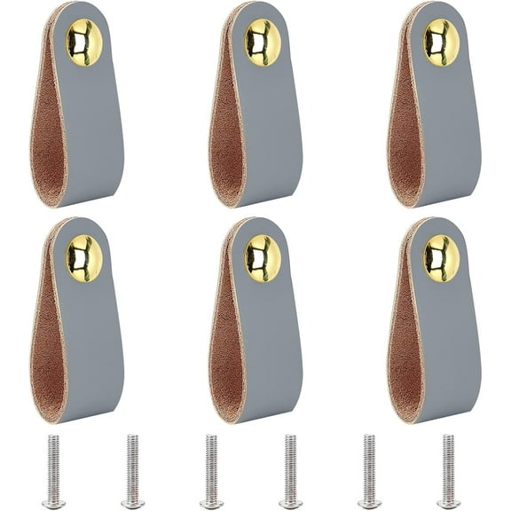 6Pcs Genuine Leather Handles Vintage Cabinet Door Handle Gray Color Leather Drawer Pulls for Kitchen Bathroom Cabinets Cupboards Wardrobe Dresser 143x25mm DIY
